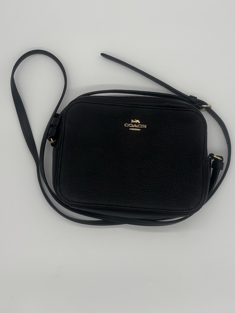 Coach Black Pebbled Leather Camera Crossbody with Gold Hardware